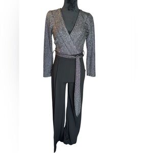 Valentine Black and Silver Wrap Style Wide Leg Jumpsuit, Size Medium, NWOT
